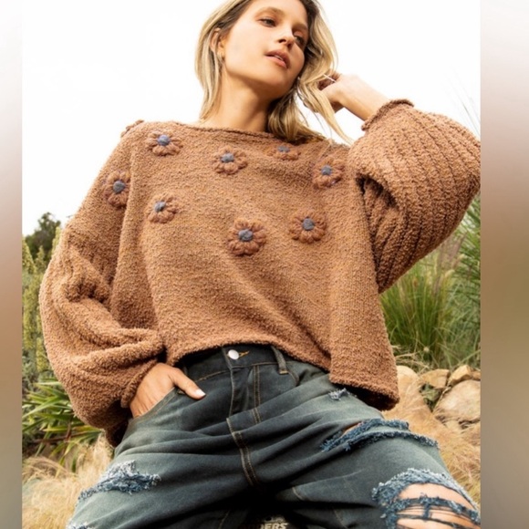 1 LEFT POL Cozy Cute Brown Textured Knit Sweater | Flower Patchwork - Picture 3 of 5